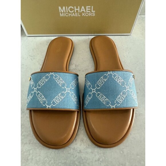 NIB Michael Kors Saylor Slide Sandals Blu Haze Mlt Slip-On Open Toe 9.5M - Picture 3 of 8